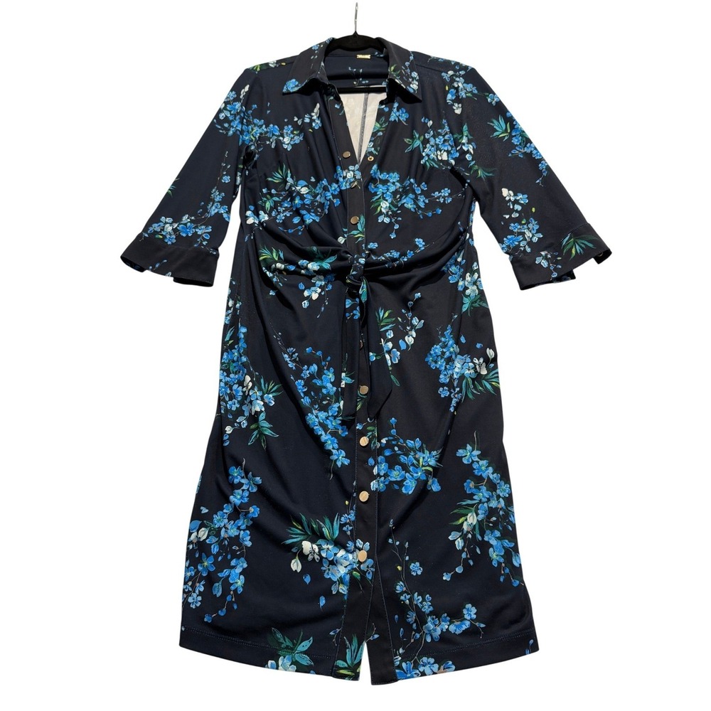 Tahari Dark Navy Floral Print Button Front Midi Shirt Dress Side‎ Tie Women 8